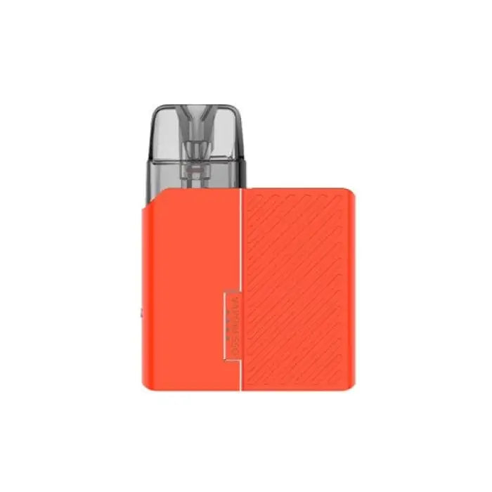 Compact orange electronic vaping device with a clear mouthpiece.