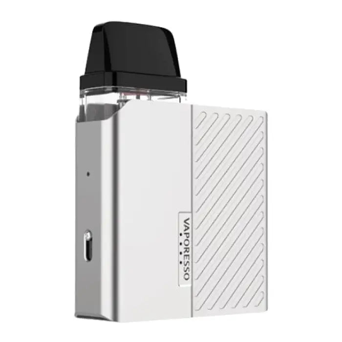 Compact white electronic vaping device with a black mouthpiece and diagonal striped pattern.