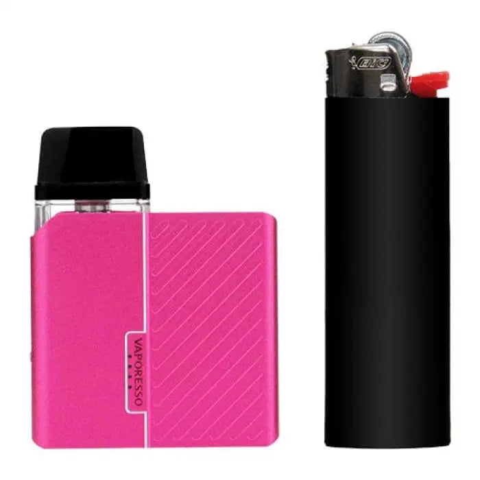 Pink rectangular vape device with a black mouthpiece next to a black lighter.