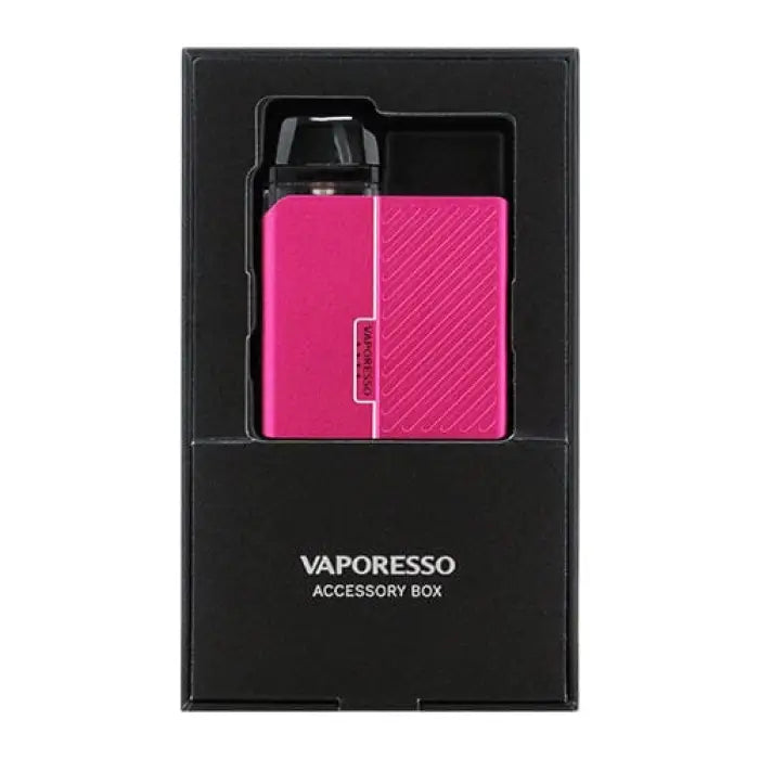 Bright pink electronic vaping device in a black packaging box.