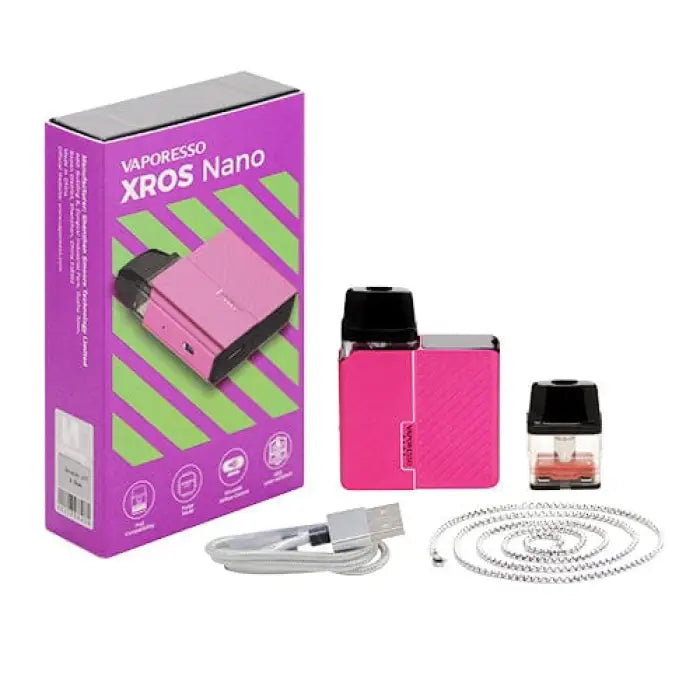 Vaporesso XROS Nano vaping device kit in bright pink packaging with included accessories.