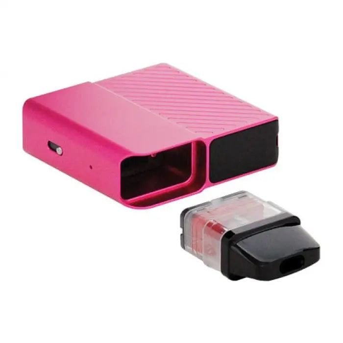 Pink rectangular electronic device with two black openings on one side, accompanied by a smaller USB adapter.