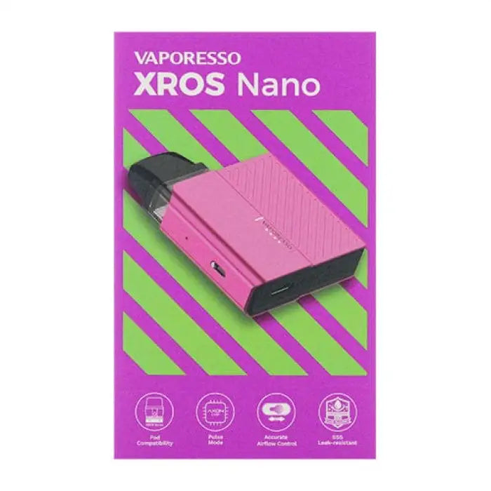 Pink electronic vaping device with ’XROS Nano’ branding on its packaging.