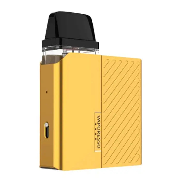 Yellow rectangular electronic vaping device with a black mouthpiece and clear cartridge section.