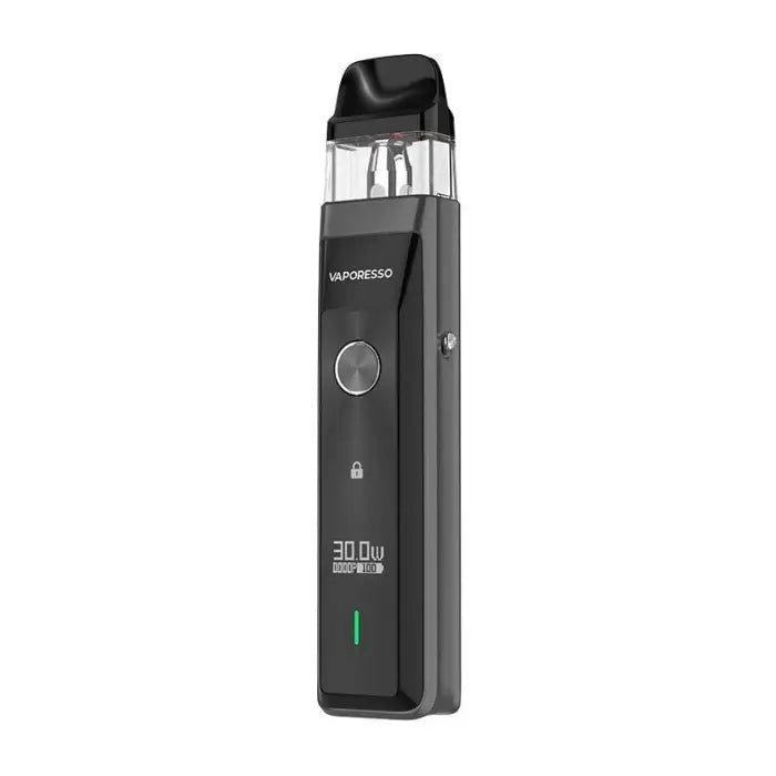 Sleek black electronic vaping device with a clear pod and digital display.