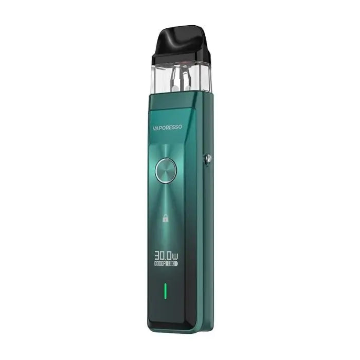 Teal-colored electronic vaping device with a clear mouthpiece and digital display.