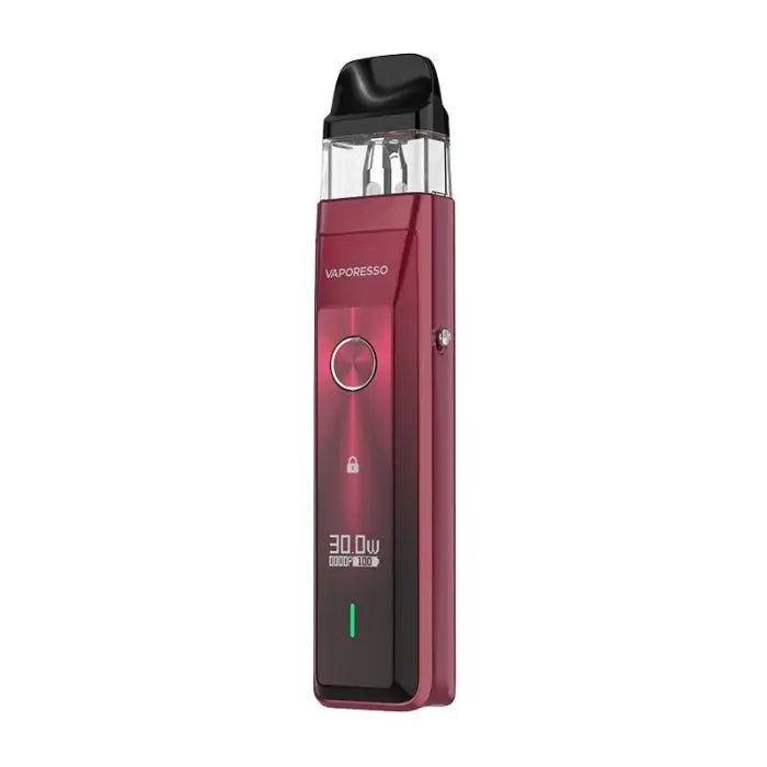 Burgundy-colored electronic vaping device with a clear mouthpiece and digital display.