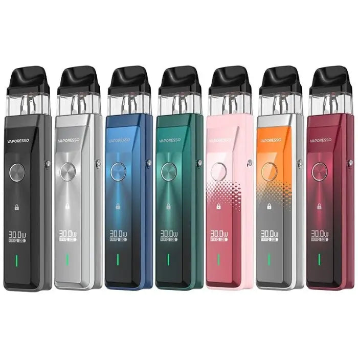 Row of colorful electronic vaping devices or e-cigarettes in various metallic finishes.