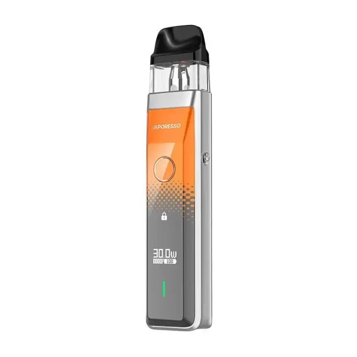 Sleek electronic vaping device with an orange and gray color scheme.