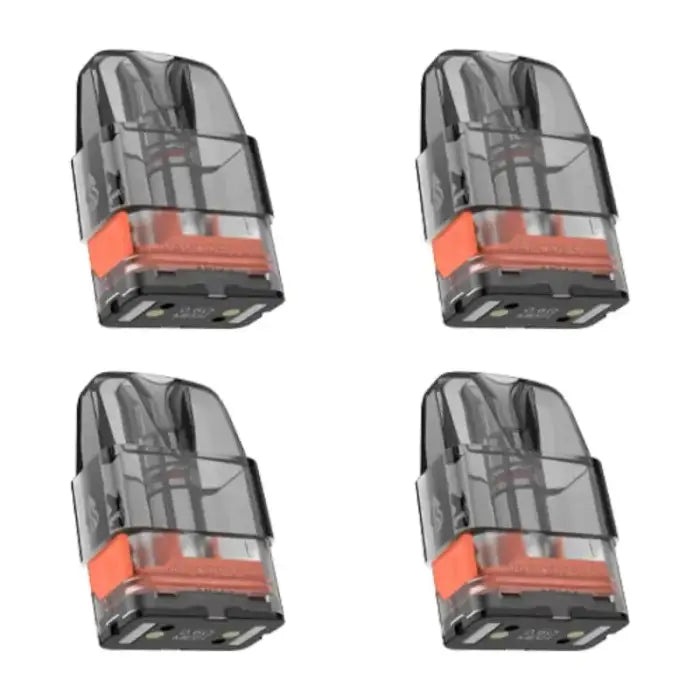 Transparent plastic pods with orange bands, likely replacement cartridges for a vaping device.