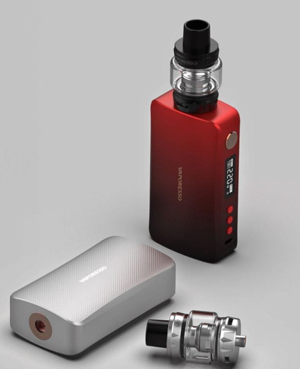 Red and black Vaporesso Gen 200 Kit with 8ml tank capacity and GTI coils display.