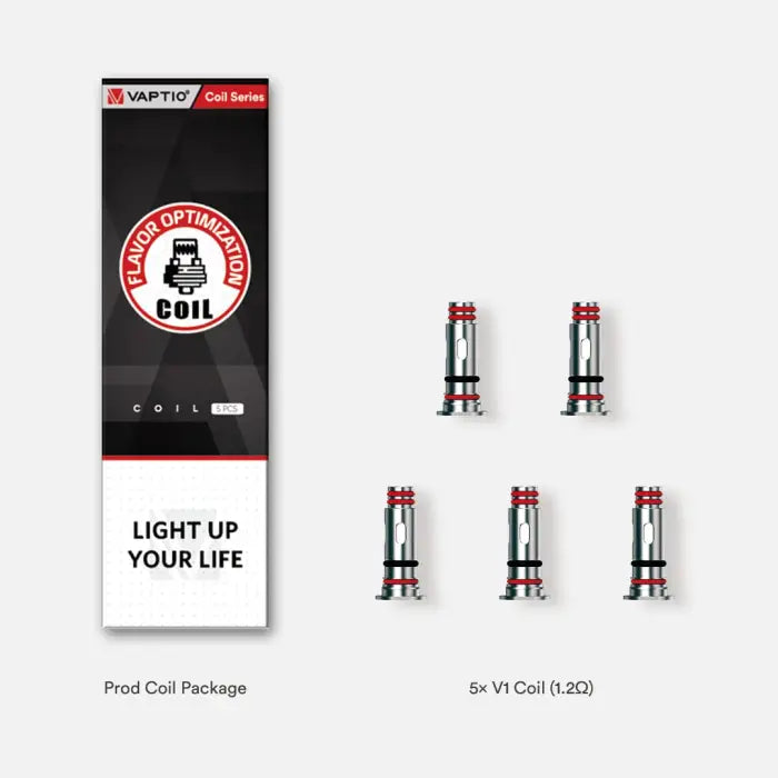 Vaporizer coil package with five replacement coils displayed alongside.