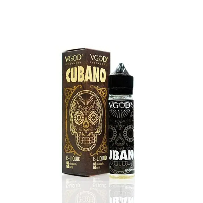 E-liquid bottle and packaging featuring a stylized skull design and ’Cubano’ branding.