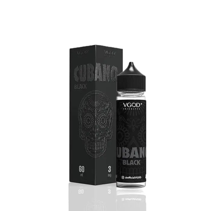 Black e-liquid bottle with ’CUBANO BLACK’ branding and skull design packaging.