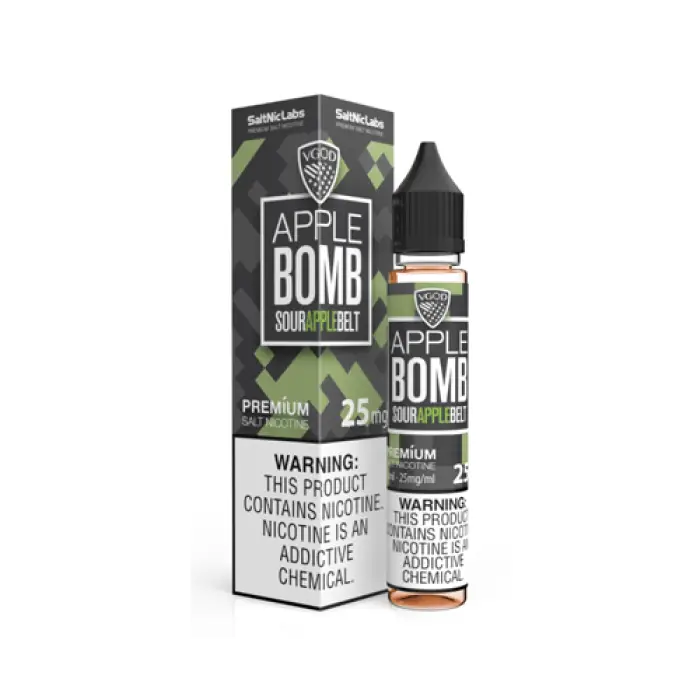 E-liquid bottle and packaging for ’Apple Bomb’ vape juice.