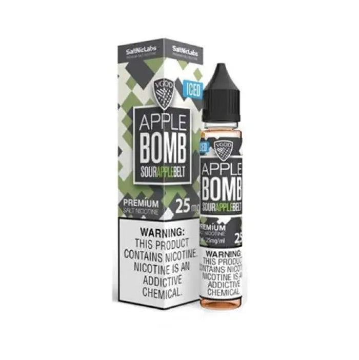 E-liquid bottle and packaging for ’Apple Bomb’ flavor vape juice.