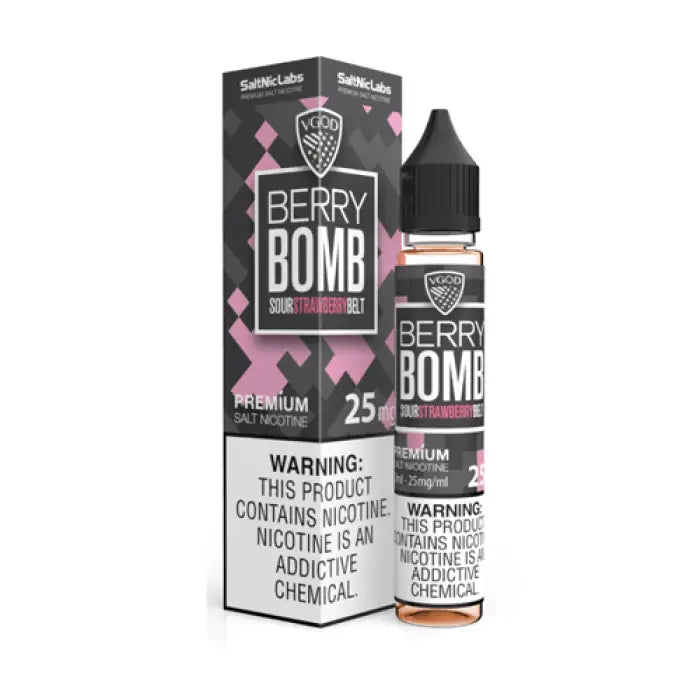 E-liquid bottle and packaging for ’Berry Bomb’ vape juice by VGOD.