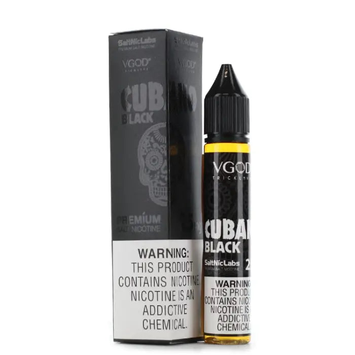 E-liquid bottle and packaging for a vape product called ’Cuban Black’ by VGOD.