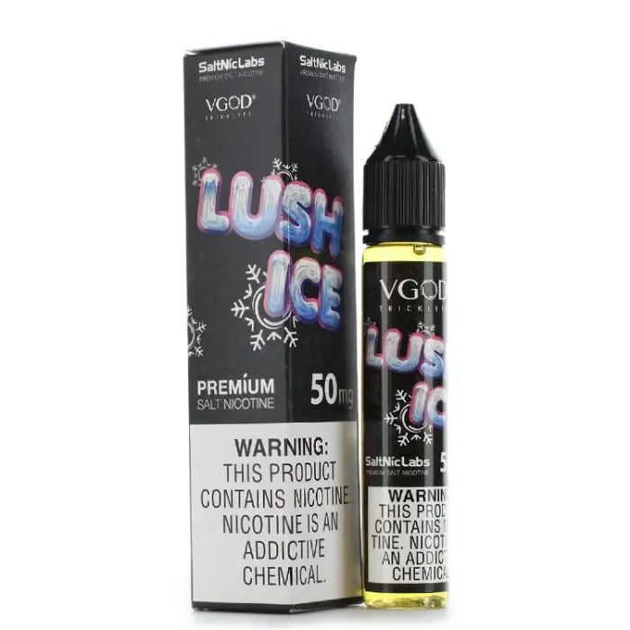 E-liquid bottle and packaging for a vape product called ’Lush Ice’ by VGOD.