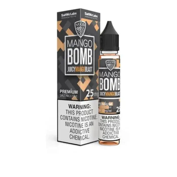 E-liquid bottle and packaging for a mango-flavored vape product called ’Mango Bomb’.