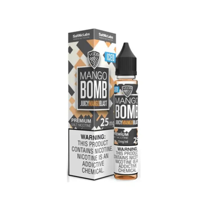 Bottle of ’Mango Bomb’ e-liquid with its packaging box.