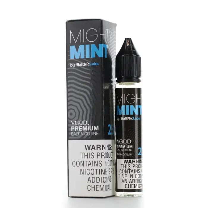 E-liquid bottle and packaging for a product called ’Mighty Mint’ by VGOD.