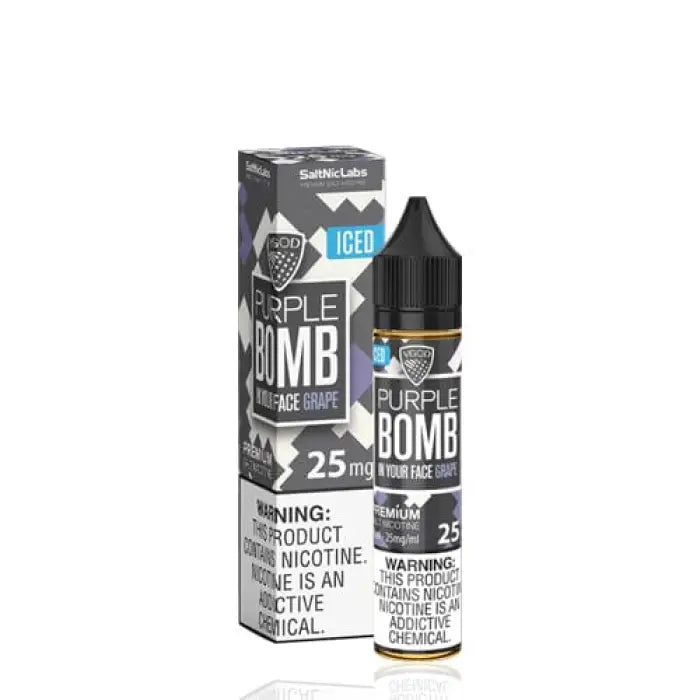 Bottle of e-liquid labeled ’Purple Bomb Iced’ with packaging.