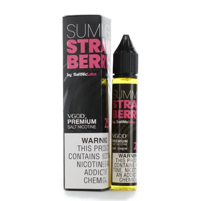 E-liquid bottle and packaging for ’Sum Straberry’ vape juice with nicotine warning labels.