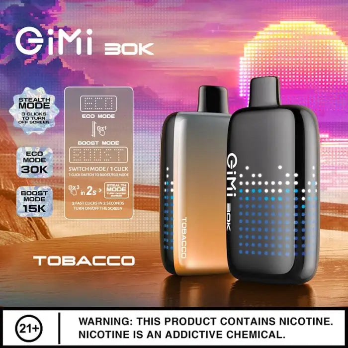 Sleek black electronic vaping device with blue dot pattern and ’GiMi 30K’ branding.