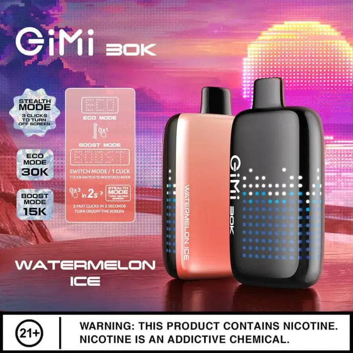 Electronic cigarette or vaping device in black and pink colors with ’GiMi 30K’ branding.