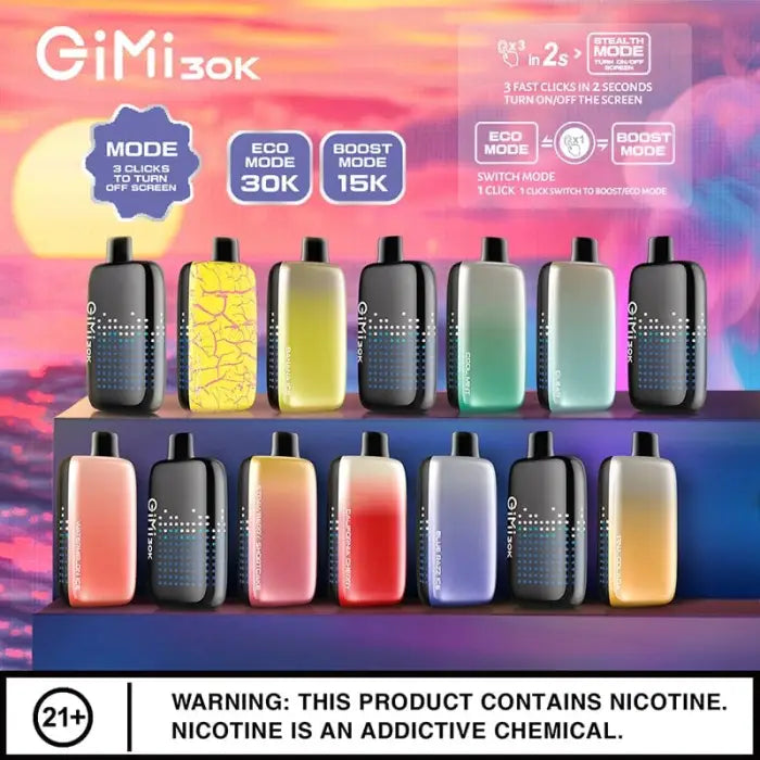 Colorful array of electronic cigarette or vaping devices in various shapes and hues.