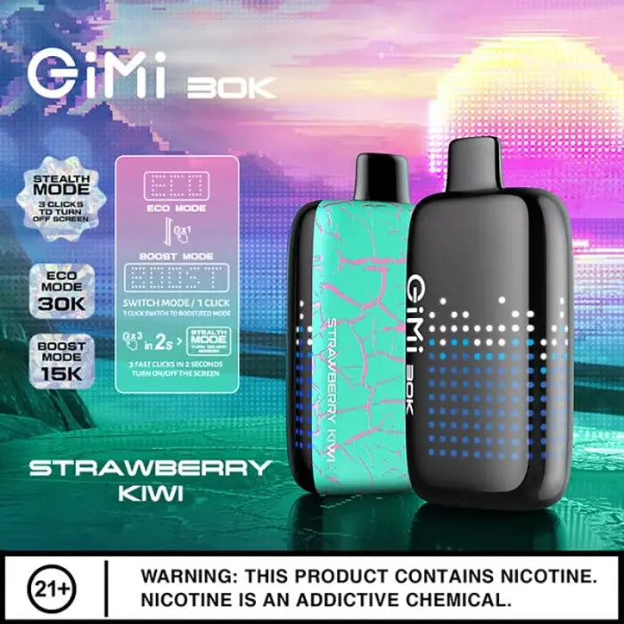 Vaping device with two color options, teal and black, advertised as ’GiMi 30K’ for strawberry kiwi flavor.