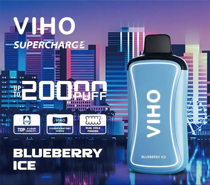 Light blue disposable vape device labeled ’VIHO’ with ’Blueberry Ice’ flavor.