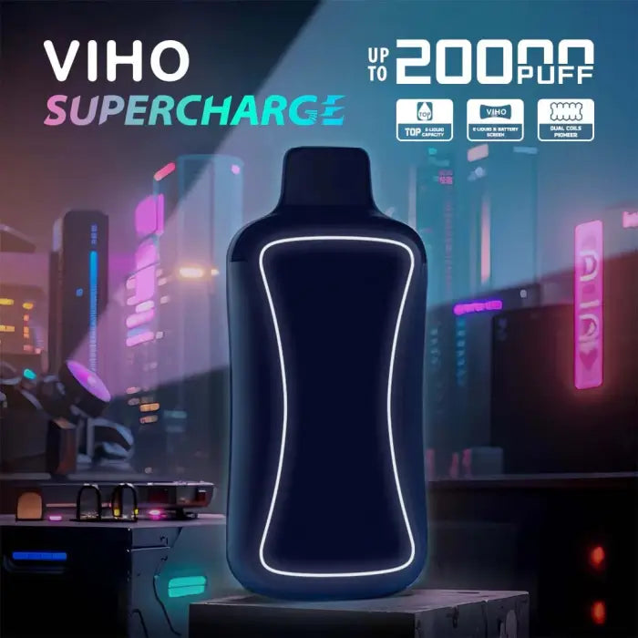 Sleek, futuristic vape device with a glowing outline against a neon cityscape backdrop.