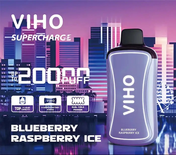 Sleek gray bottle of VIHO Supercharge energy drink with blueberry raspberry ice flavor.