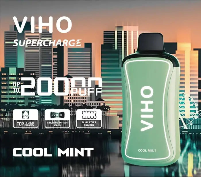 Green bottle of Viho Cool Mint supercharge drink against a cityscape backdrop.