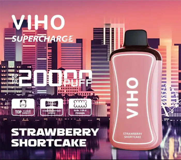 Pink bottle of Viho Strawberry Shortcake supercharge drink against a stylized cityscape backdrop.