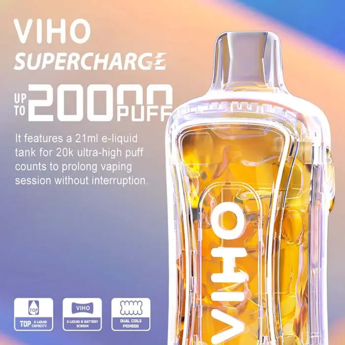 Transparent vape device with ’VIHO’ branding and yellow liquid visible inside.