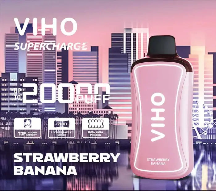 Pink bottle of Viho Supercharge energy drink with strawberry banana flavor.