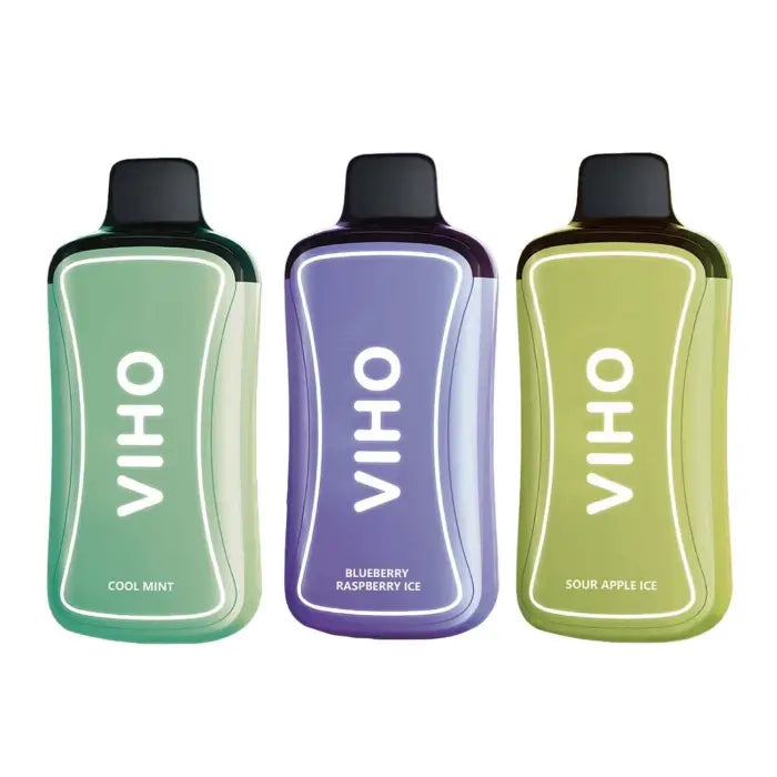 Three colorful bottles of Viho beverages in green, purple, and yellow-green shades.