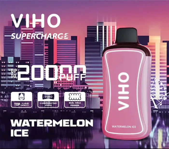 Pink bottle of Viho Watermelon Ice drink against a stylized cityscape backdrop.