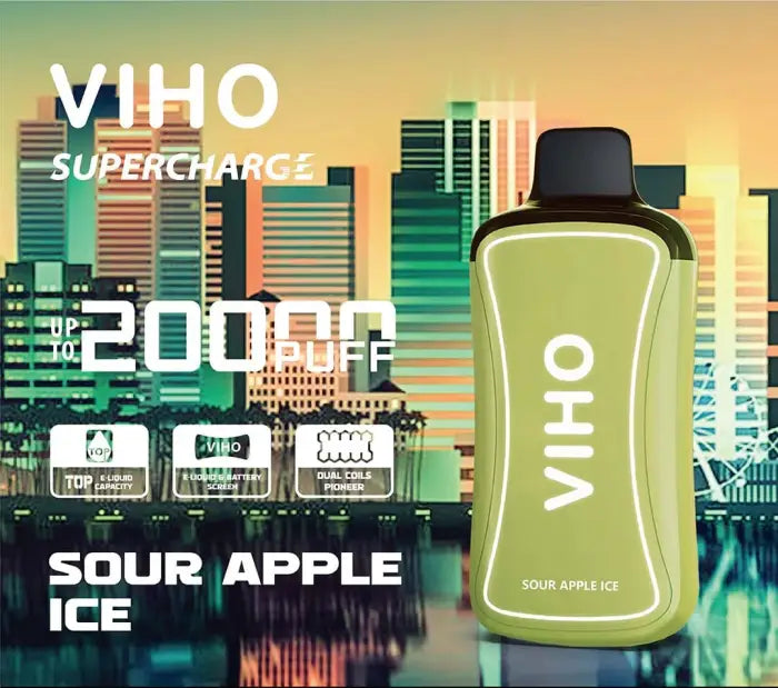 Green bottle of Viho Sour Apple Ice drink with a black cap.