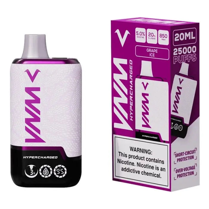 Disposable vape device with purple and white packaging.