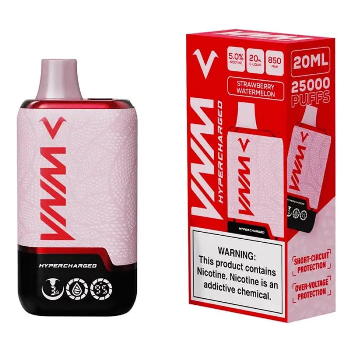 Disposable vape device with its product packaging.