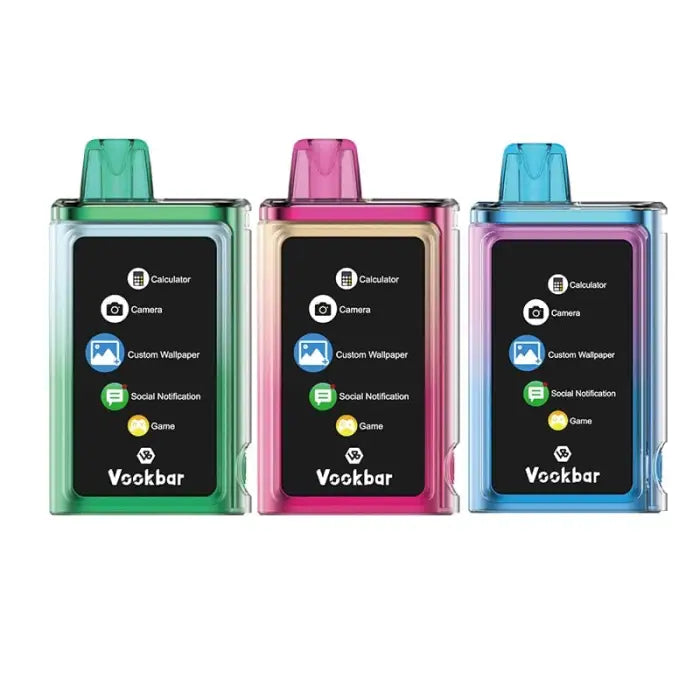 Three colorful electronic vaping devices with digital displays.