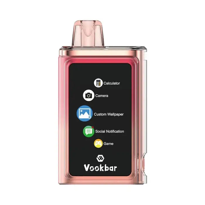 Pink electronic device with a screen displaying app icons, resembling a vaping or pod system.