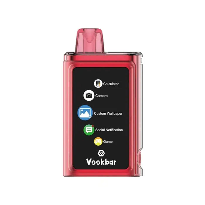 Red electronic vaping device with a touchscreen display showing app icons.