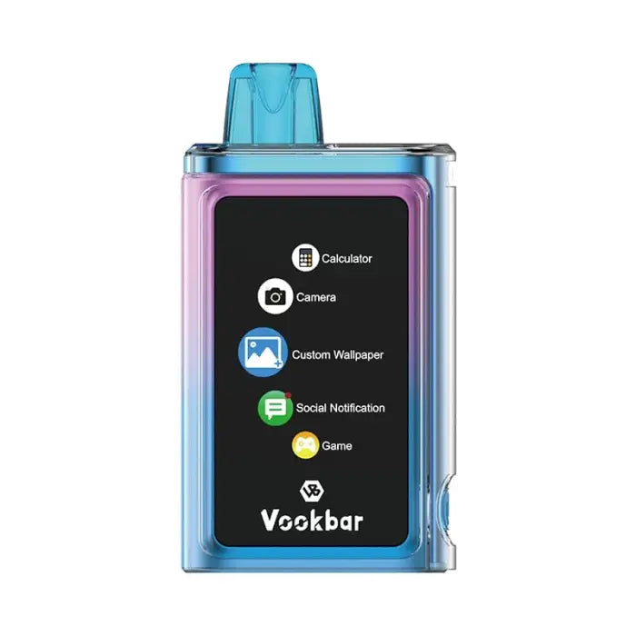 Colorful electronic vaping device with a display screen showing app icons.