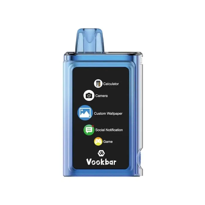 Blue electronic device with a screen displaying app icons, labeled ’Vookbar’ at the bottom.