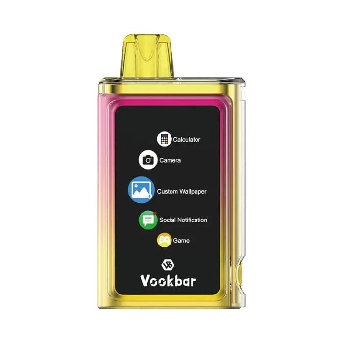 Colorful electronic vaping device with a display screen showing app icons.